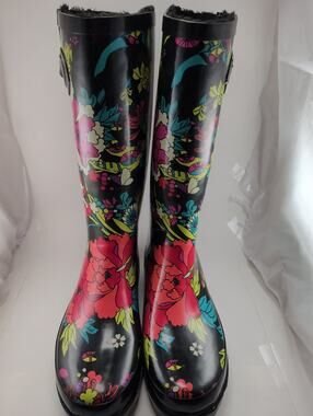 Sakroots Rhythm Rain Boots - Black Floral, Waterproof Rubber Wellies, Size 7